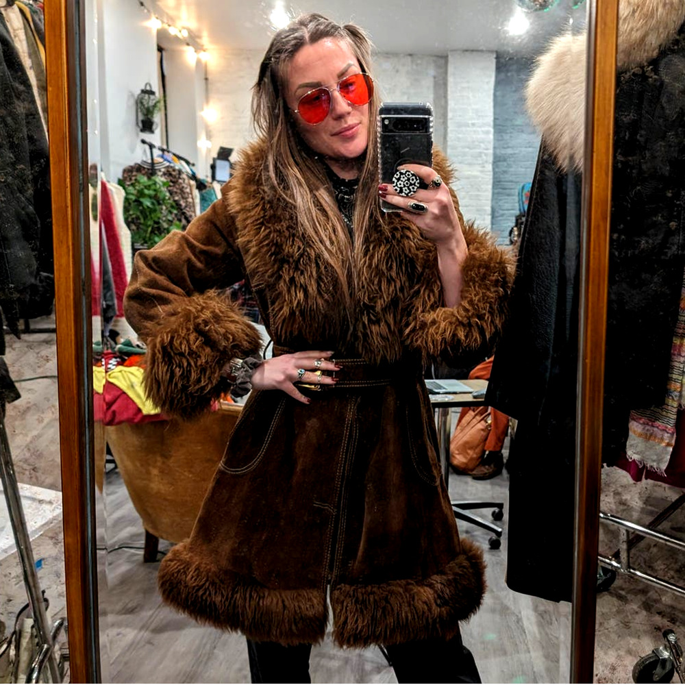 70s Vintage Brown Suede Penny Lane Afghan Coat Fur Furry Groovy Boho Chic Jacket - Picture 6 of 9